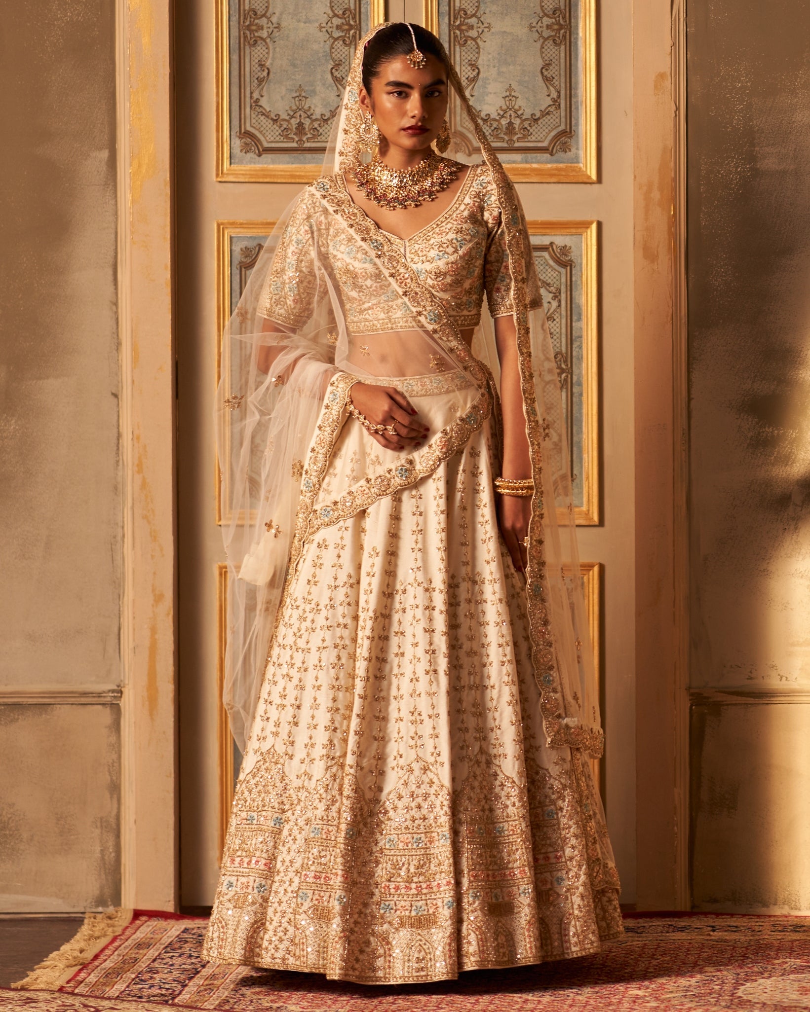 Botanica Ivory Raw Silk Double Dupatta Lehenga Set By KYNAH, Luxury Indian Fashion & Bridal Wear