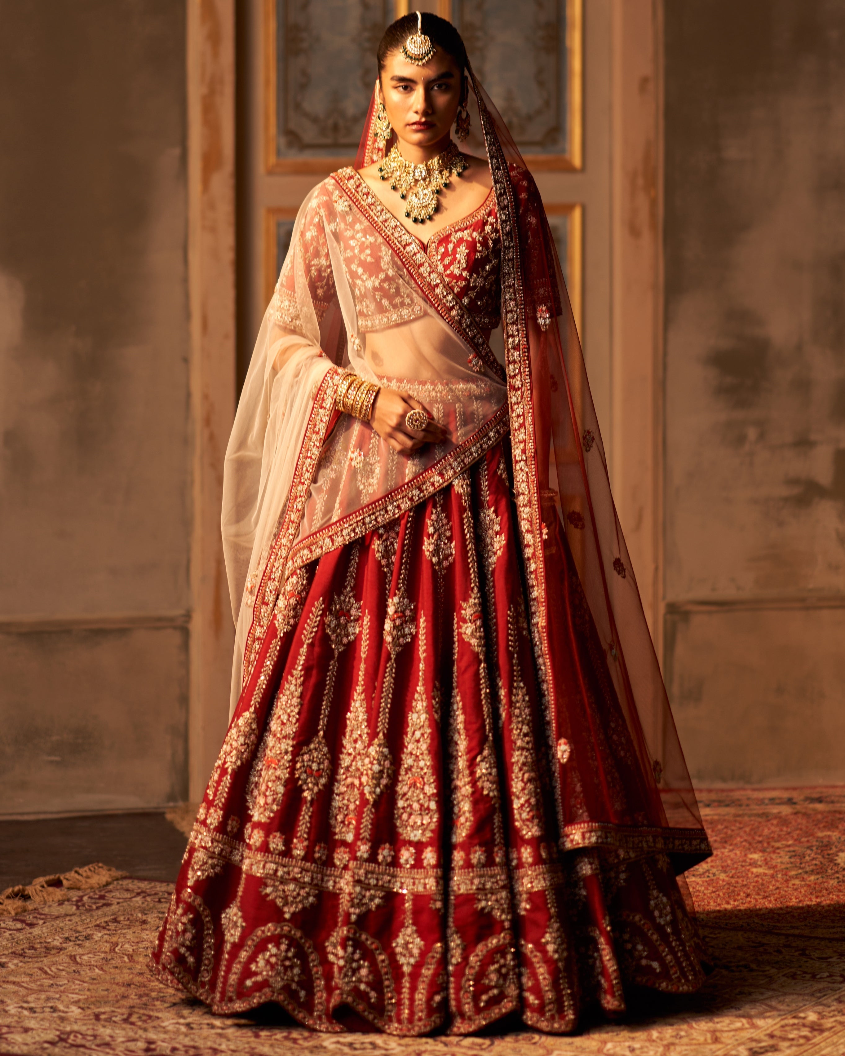 Malee Maroon Raw Silk Double Dupatta Lehenga Set By KYNAH, Luxury Indian Fashion & Bridal Wear