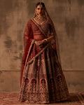 Zehra Maroon Bridal Raw Silk Double Dupatta Lehenga Set By KYNAH, Luxury Indian Fashion & Bridal Wear
