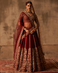 Jahan Maroon Raw Silk Double Dupatta Lehenga Set By KYNAH, Luxury Indian Fashion & Bridal Wear