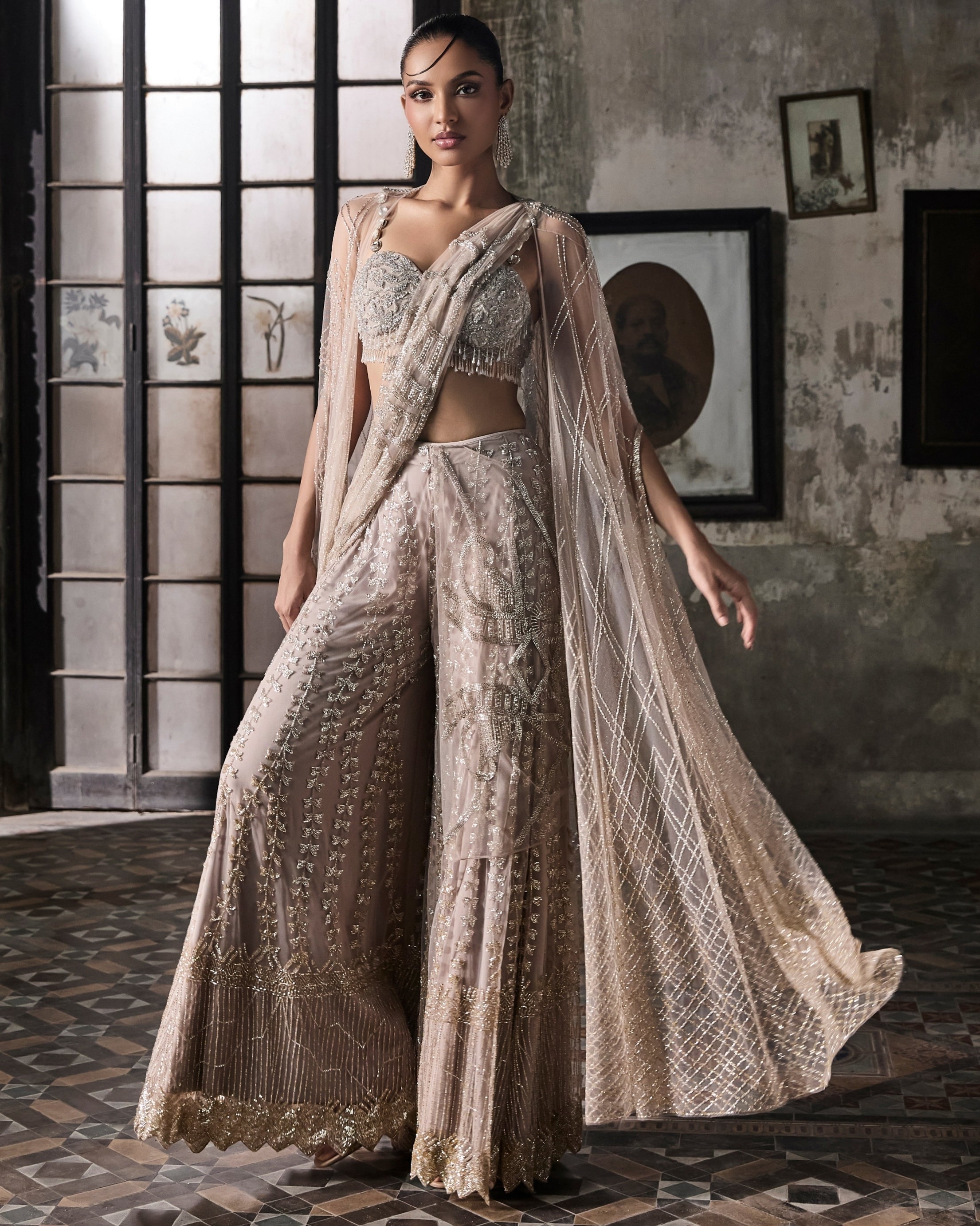 Old Rose Sharara Sari With Cape And Blouse By KYNAH, Luxury Indian Fashion & Bridal Wear