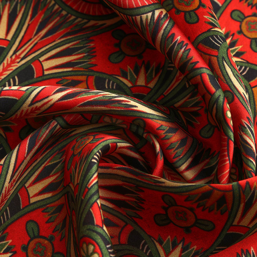 Art Nouveau Red Silk Scarf with Green & Gold Flourishes Azteca