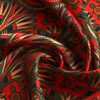 Art Nouveau Red Silk Scarf with Green & Gold Flourishes Azteca