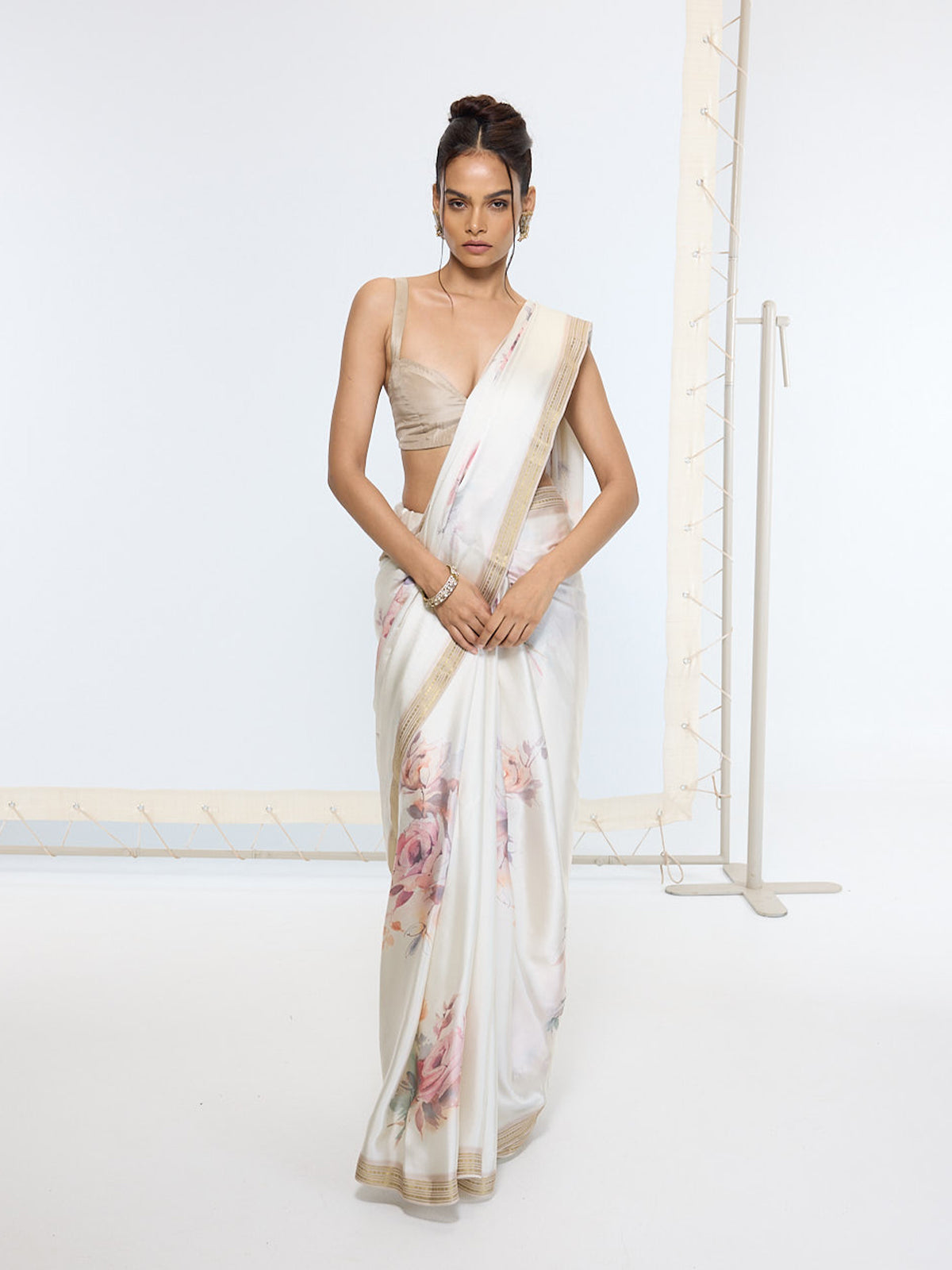 Handwoven Powder White Printed Sari By KYNAH, Luxury Indian Fashion & Bridal Wear