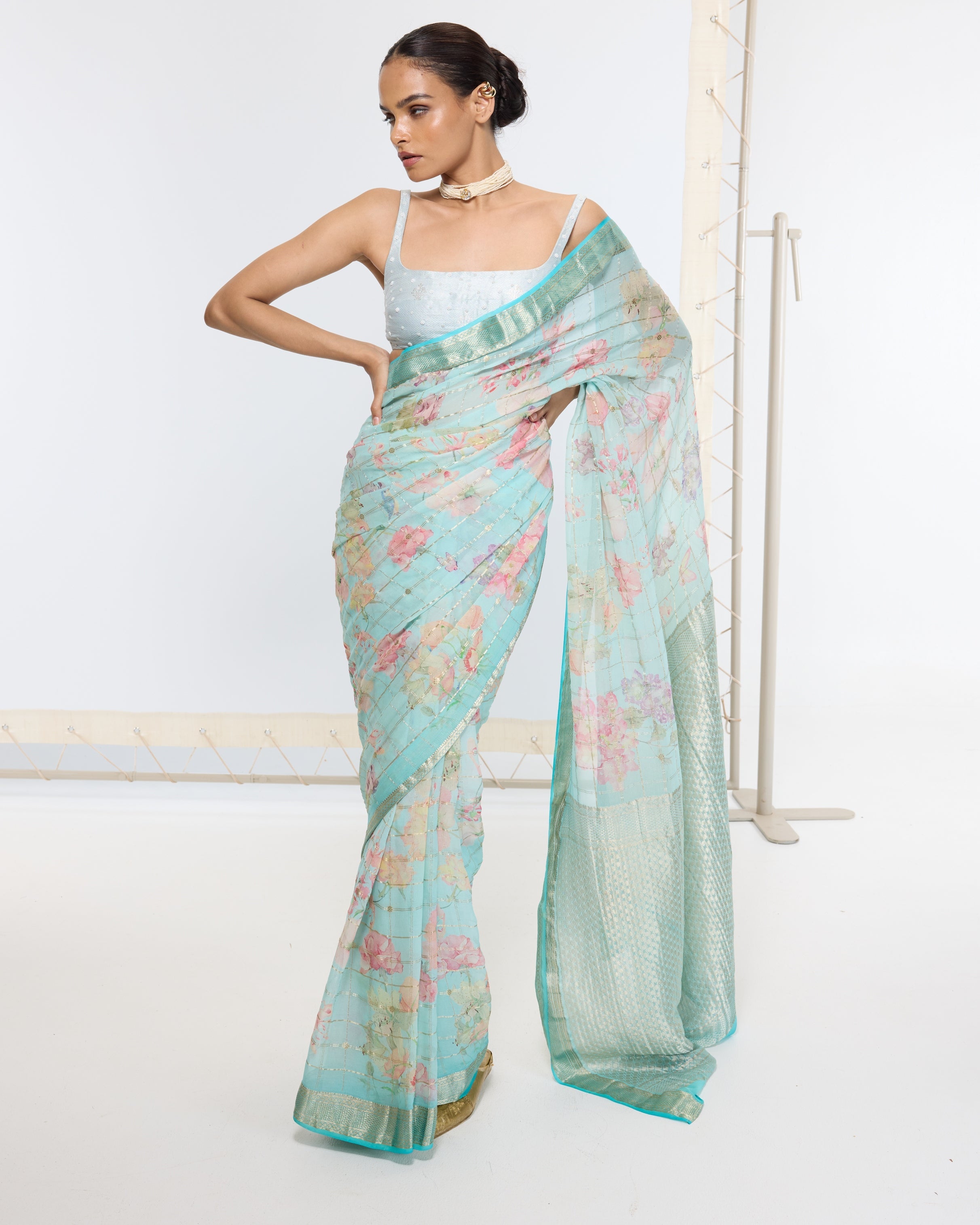 Handwoven Baby Blue Printed Sari By KYNAH, Luxury Indian Fashion & Bridal Wear