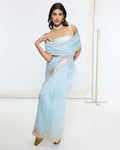 Handwoven Icy Blue Sari By KYNAH, Luxury Indian Fashion & Bridal Wear