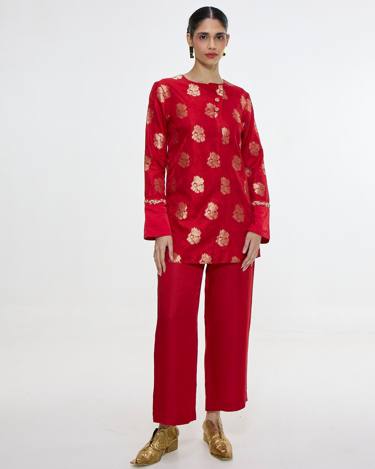 Handwoven Red Short Kurta Set By KYNAH, Luxury Indian Fashion & Bridal Wear