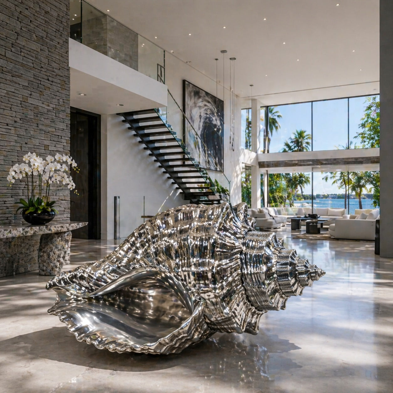 OSO Stainless Steel Elysian Shell Sculpture - Height: 72 inch (183 cm) / Queen Conch