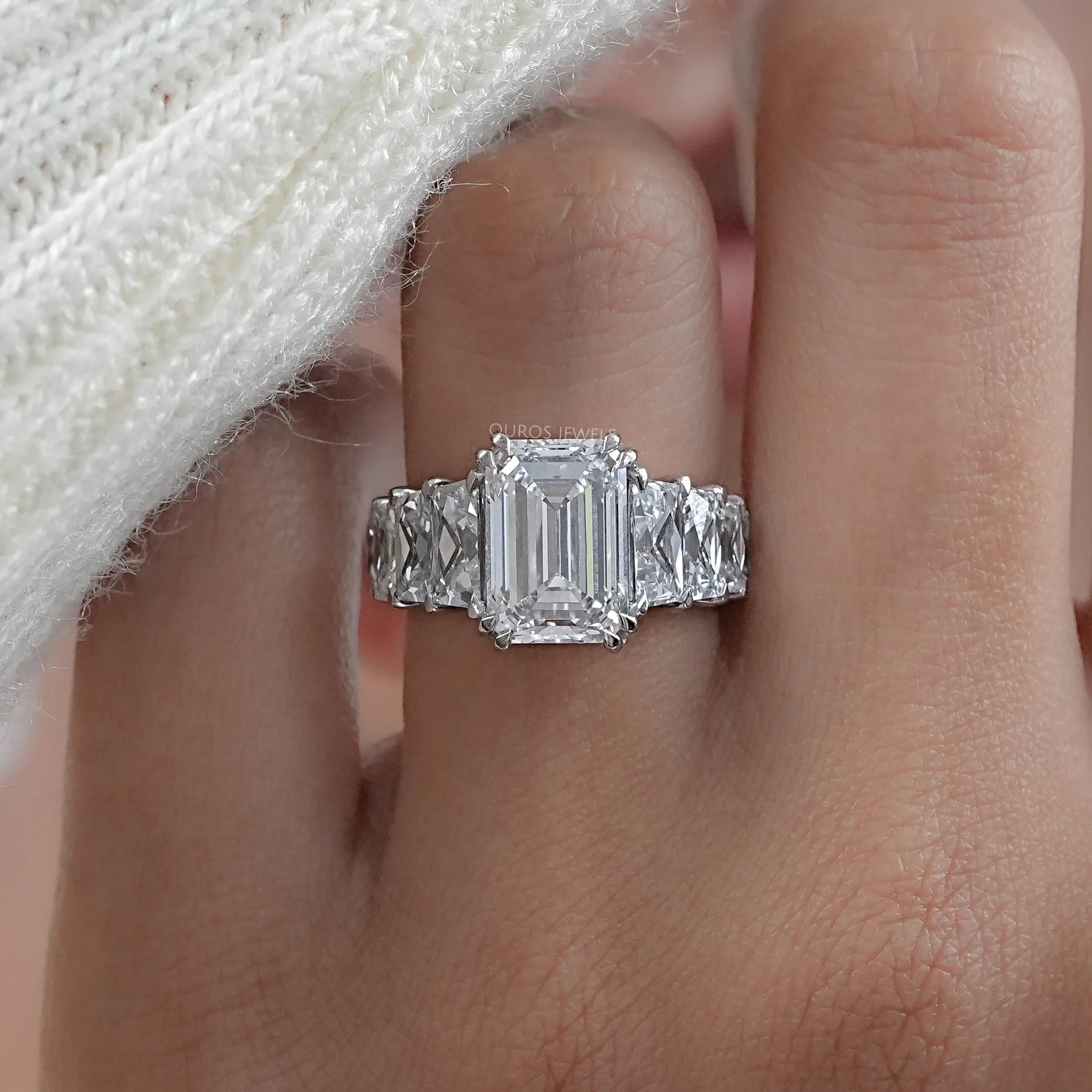 Emerald Diamond French Cut Trapezoid Accent Engagement Ring