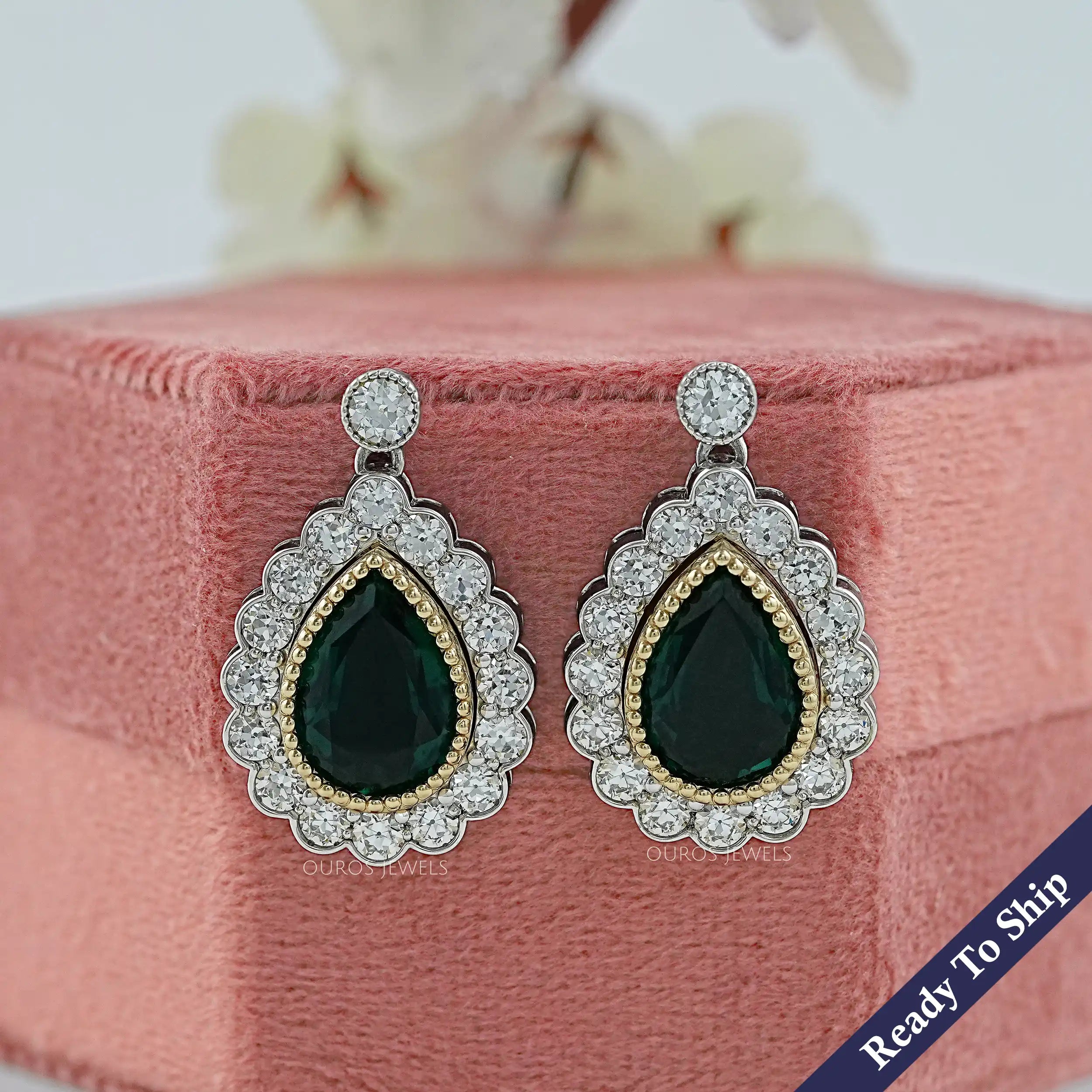 Green Pear Gemstone And Lab Diamond Halo Drop Earrings