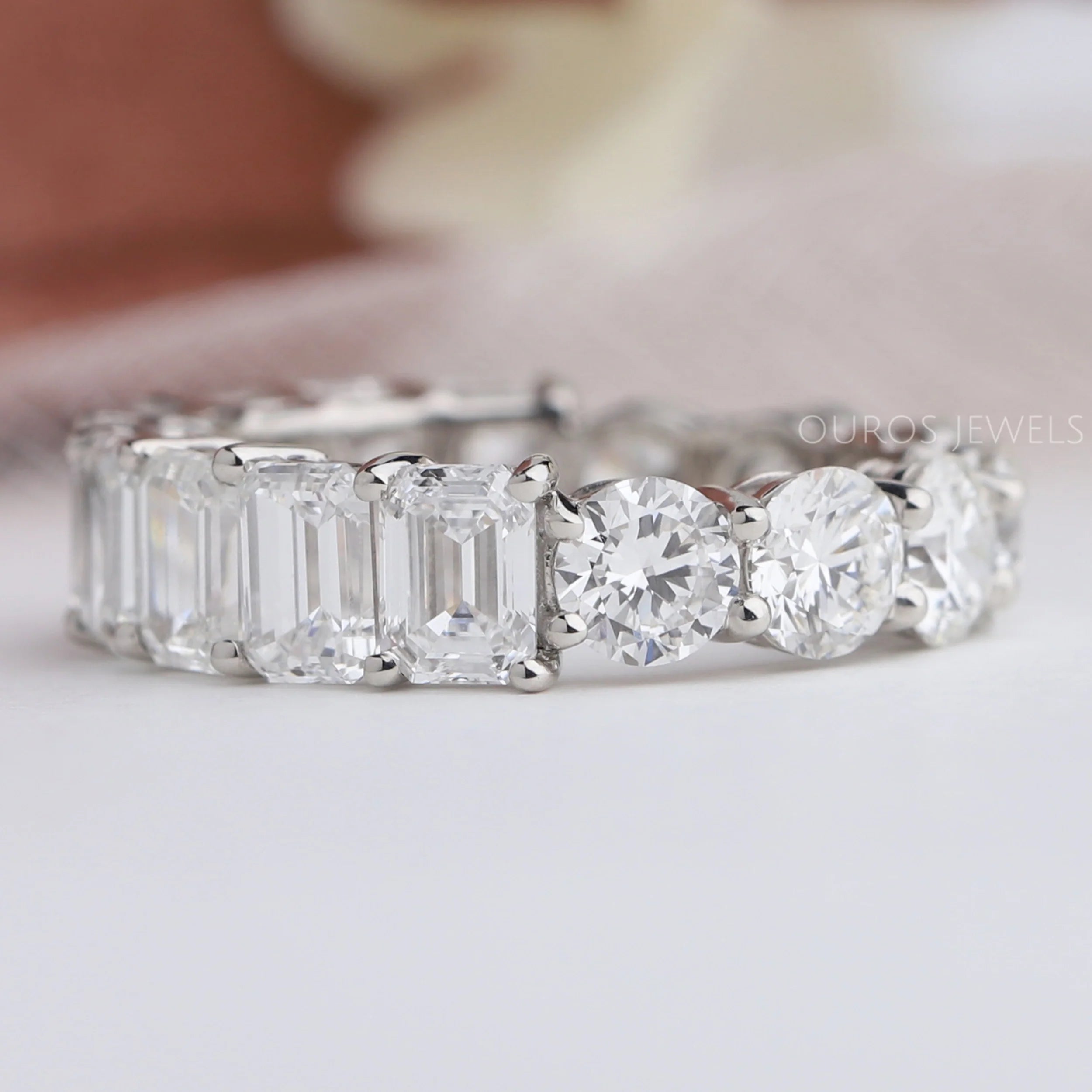 Emerald And Round Cut Diamond Eternity Wedding Band