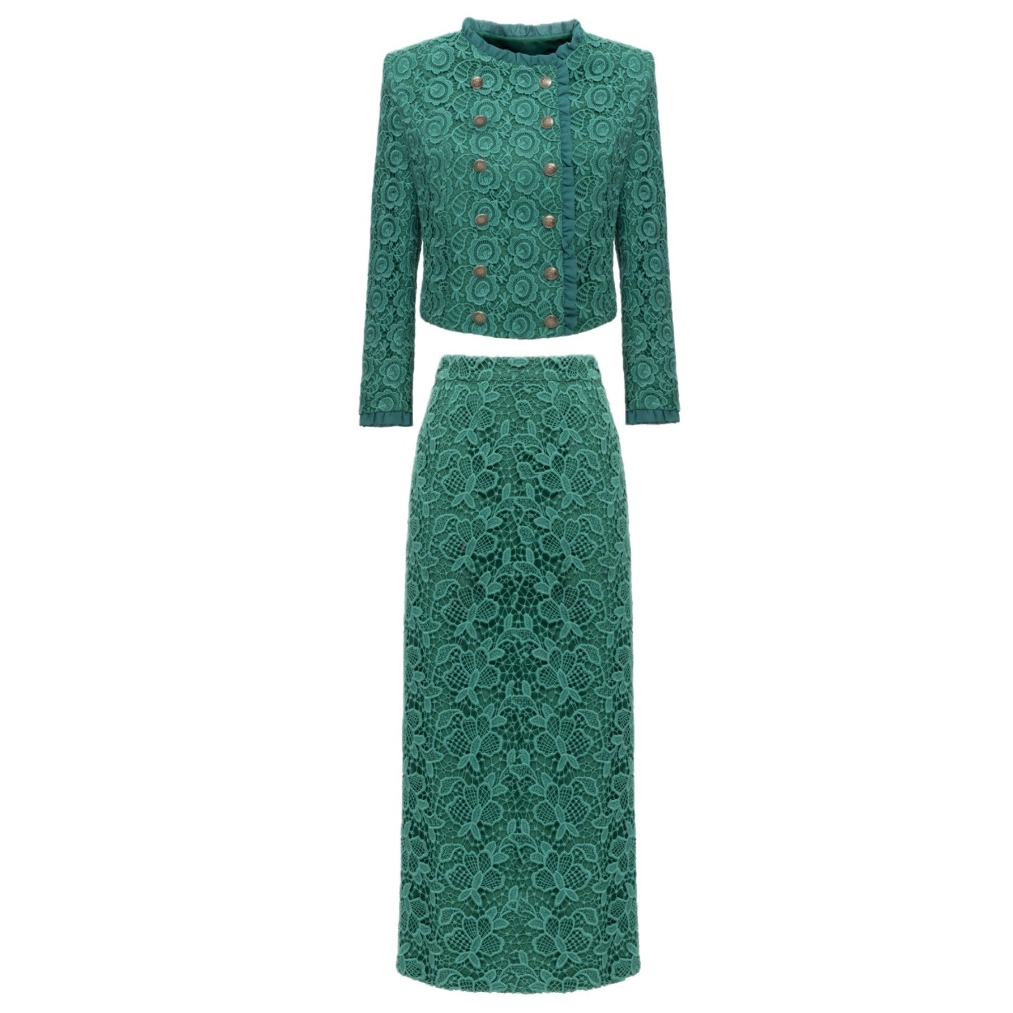 Emerald Green Lace Cropped Jacket and Midi Skirt Set