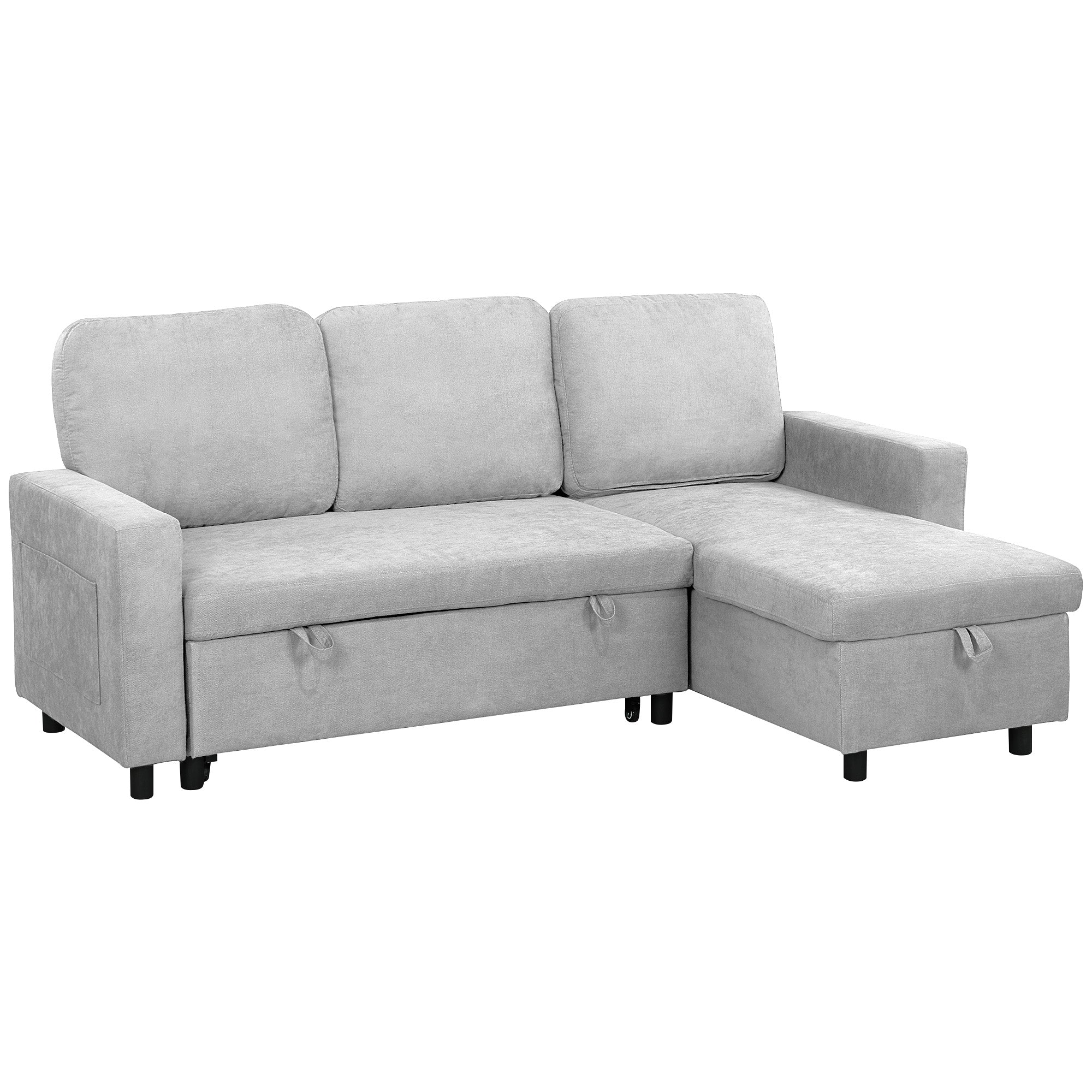 Sofa Bed with Storage, Convertible L Shaped Corner Sofa, 3 Seater Pull Out Sofa Bed with Reversible Chaise, Side Pockets for Living Room, Bedroom, Small Spaces, Light Grey