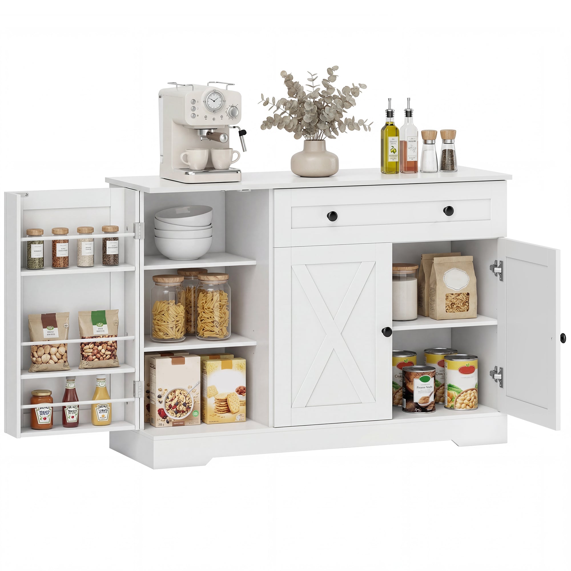 47" Farmhouse Sideboard with 3 Barn Doors, Adjustable Shelves and Drawer, White