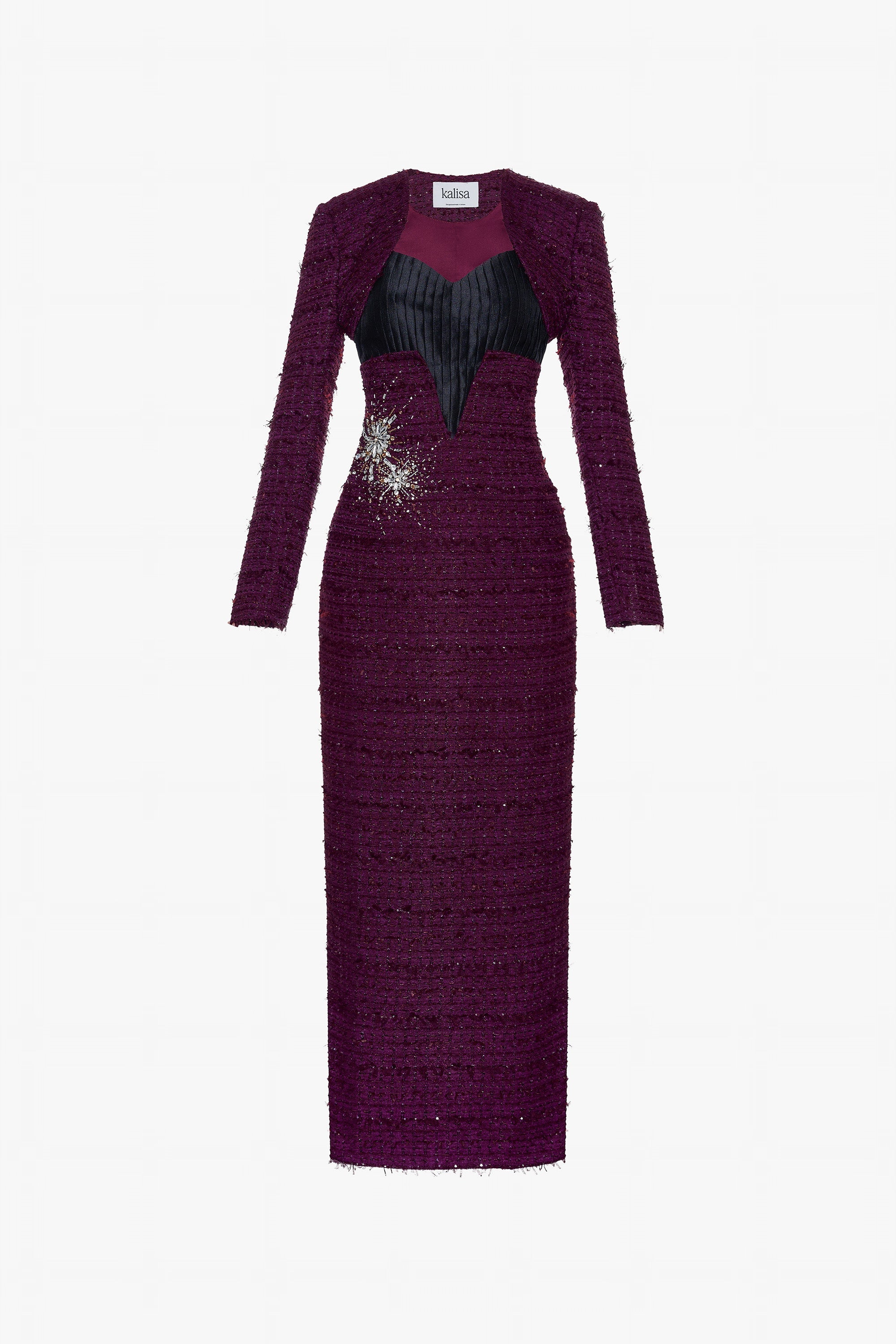 Ao-Dai Inspired Cropped Jacket & Maxi Dress Tweed Set