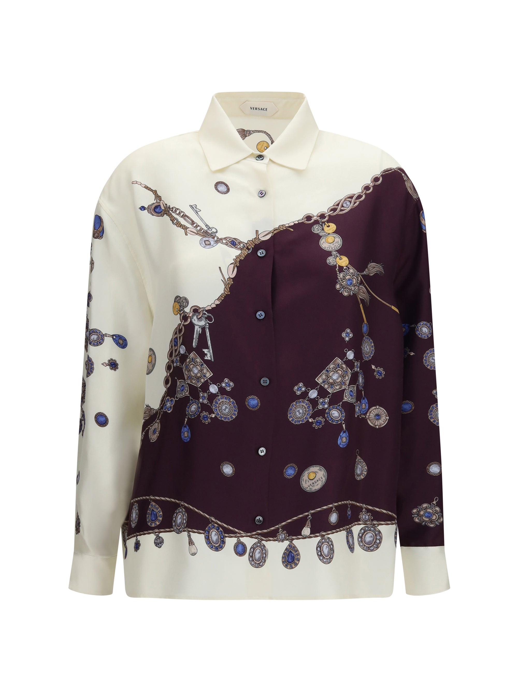 Versace Chain & Jewel-Print Silk Shirt — Multicolor