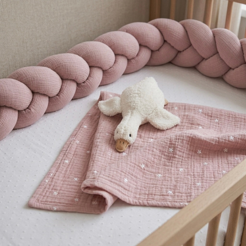 Braided bumper for cot and bed handcrafted PINK MUSLIN 200cm