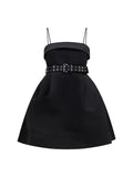 Ganni Satin Full Skirt with Studded Belt Dress — Black