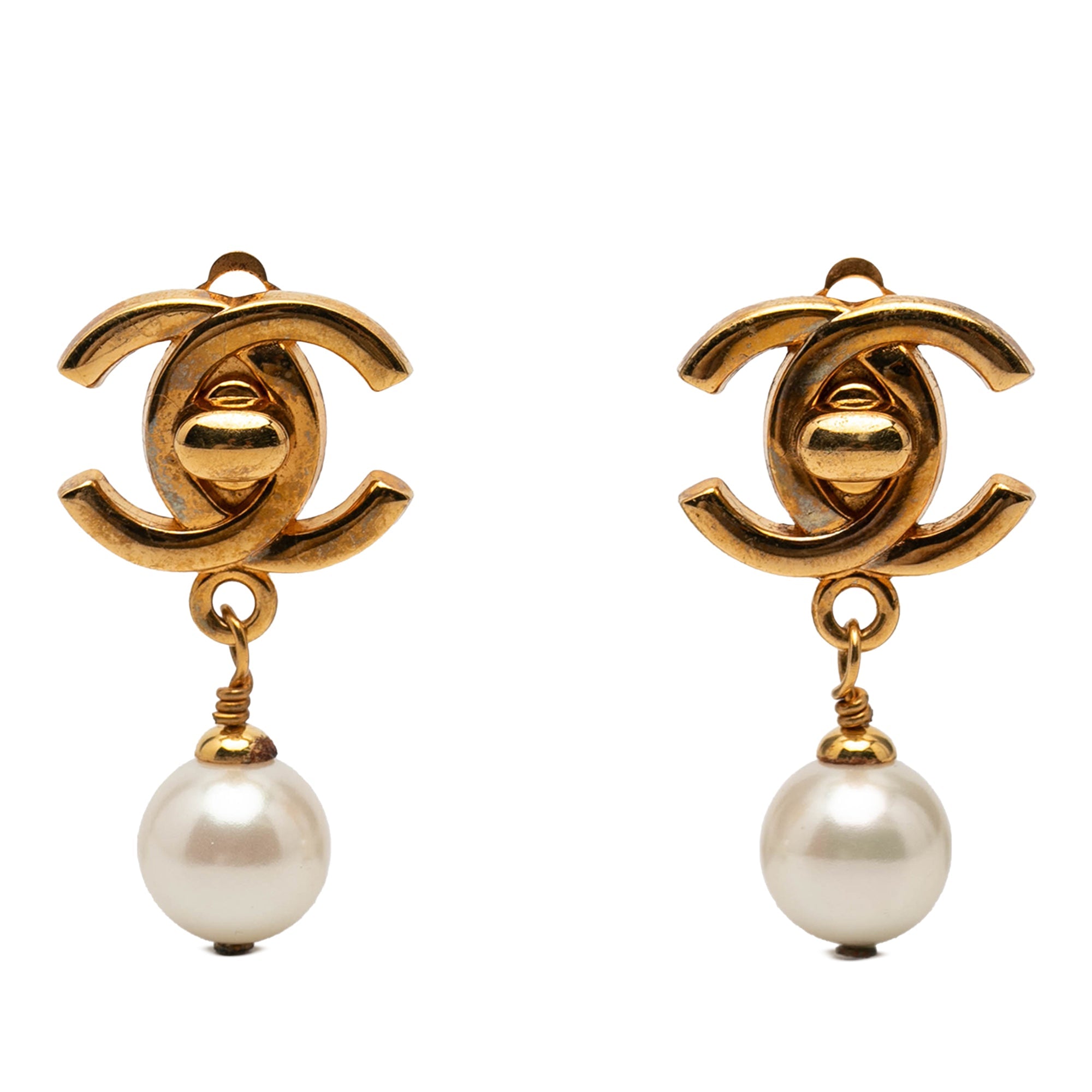 CC Gold Plated Turnlock Faux Pearl Drop Clip On Earrings