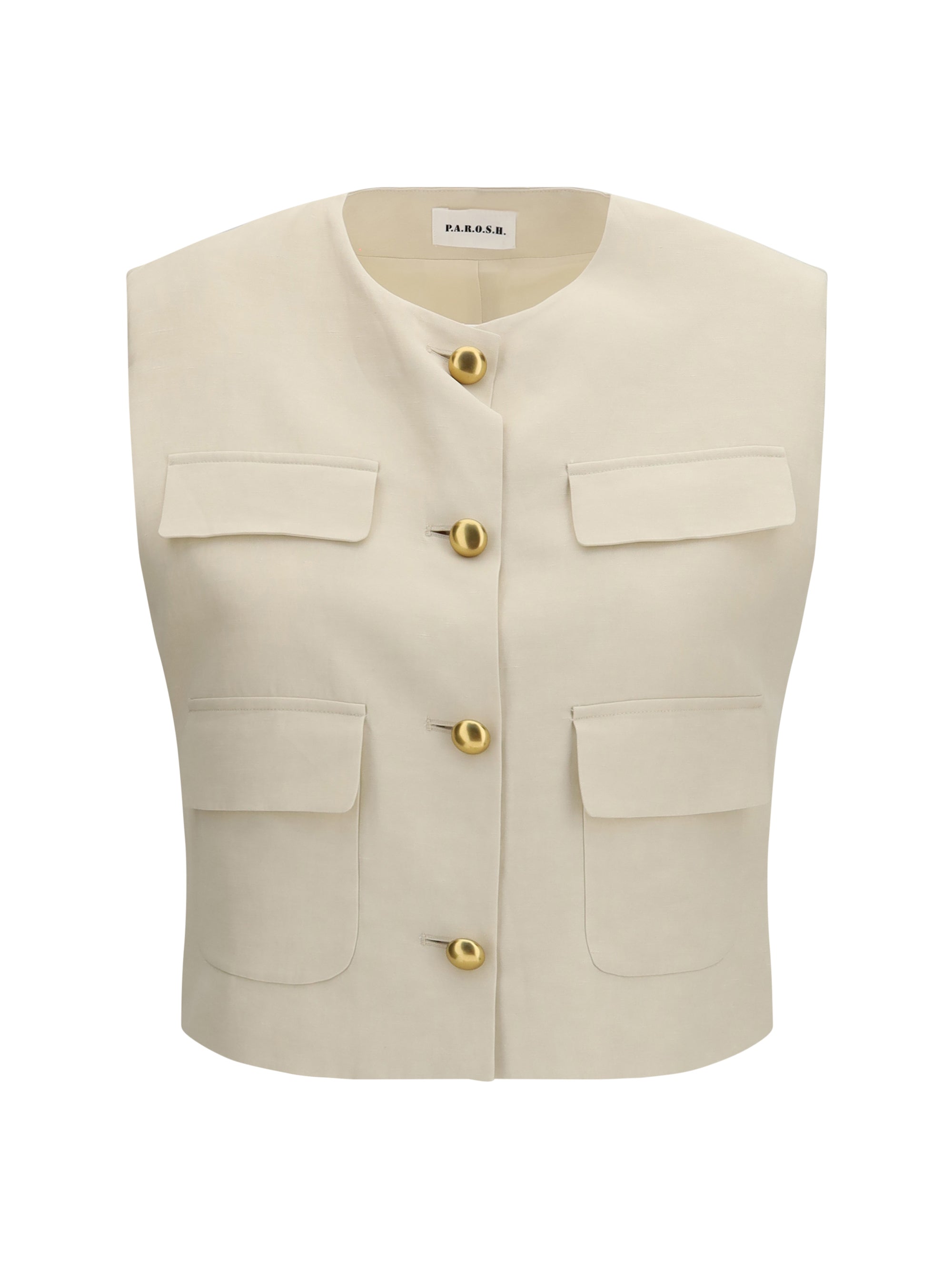 P.A.R.O.S.H. Sleeveless Gold-Button Wool Vest — Beige