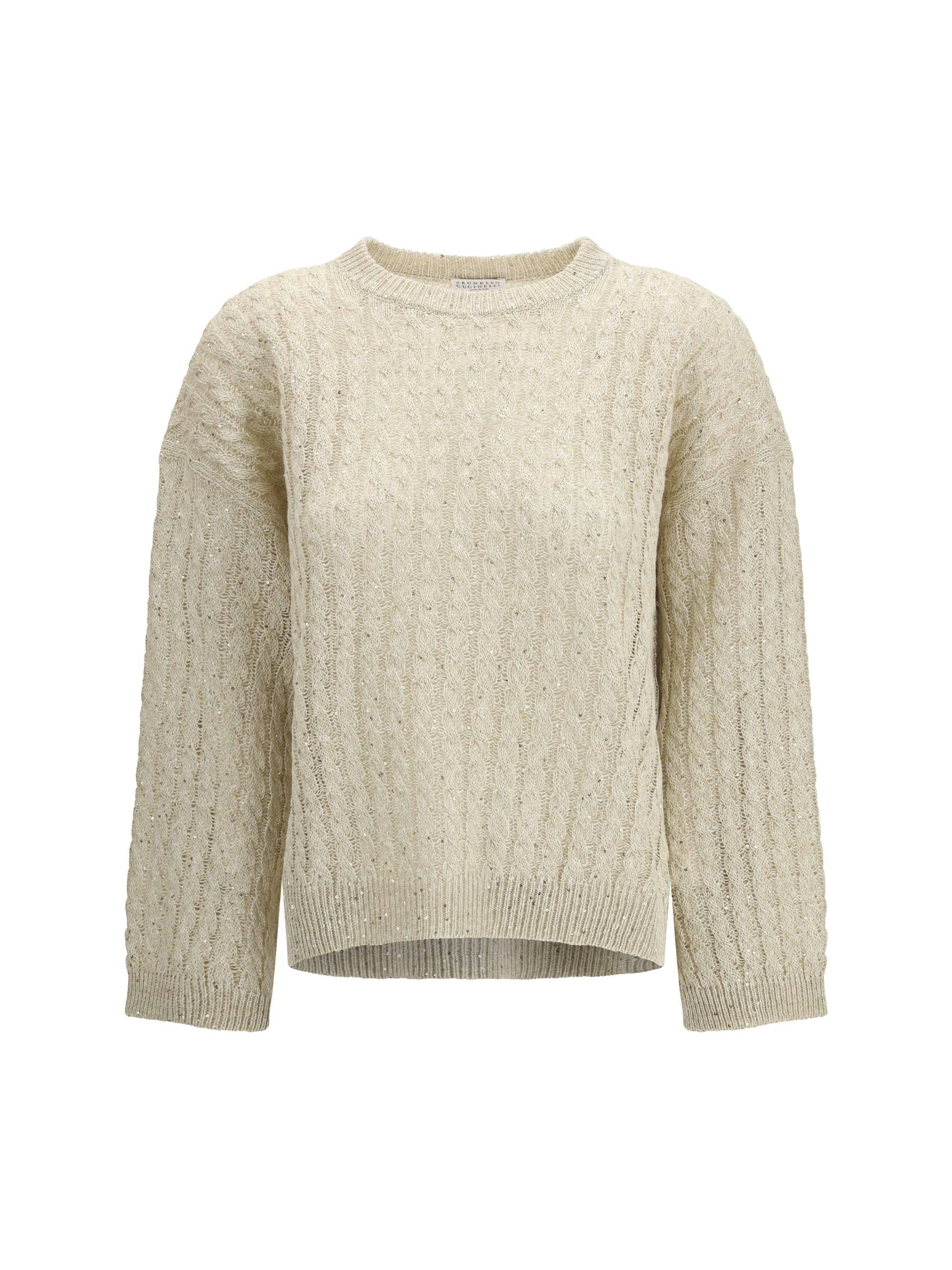 Brunello Cucinelli Cable Linen with Openwork Ribbing Sweater — Beige