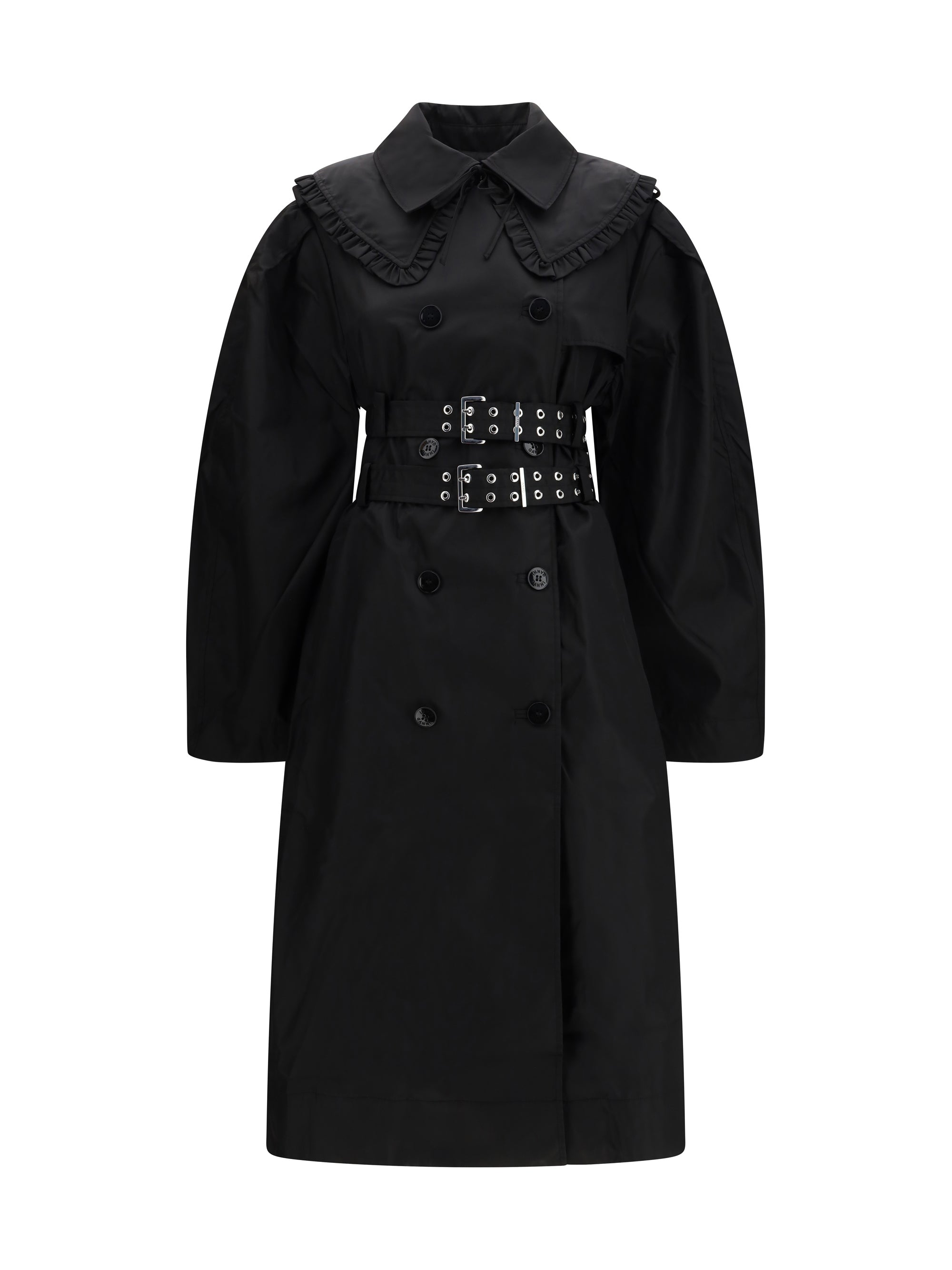 Ganni Belted Double-Breasted Nylon Coat — Black