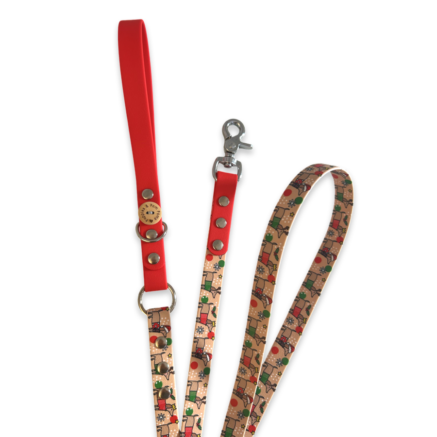 Handmade Dog Leash - Christmas Dachshunds - Red