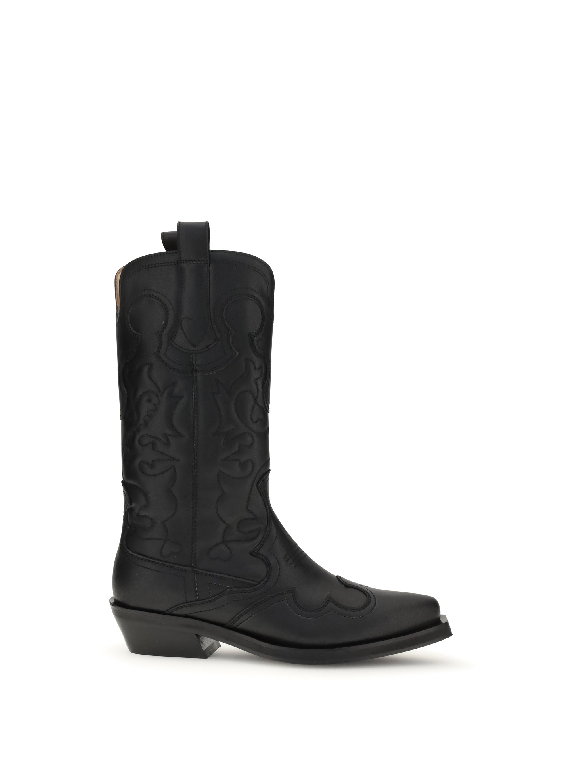Ganni Embroidered Western Boots — Black
