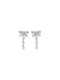 Self-Portrait Crystal Bow and Pearl Drop Earrings — Silver