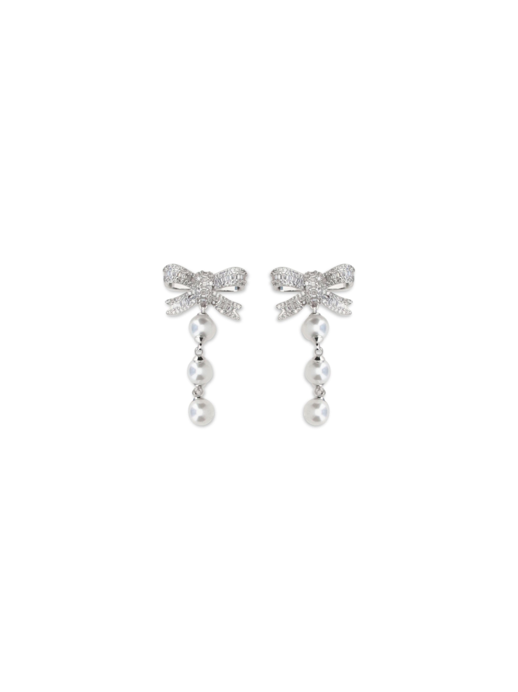 Self-Portrait Crystal Bow and Pearl Drop Earrings — Silver