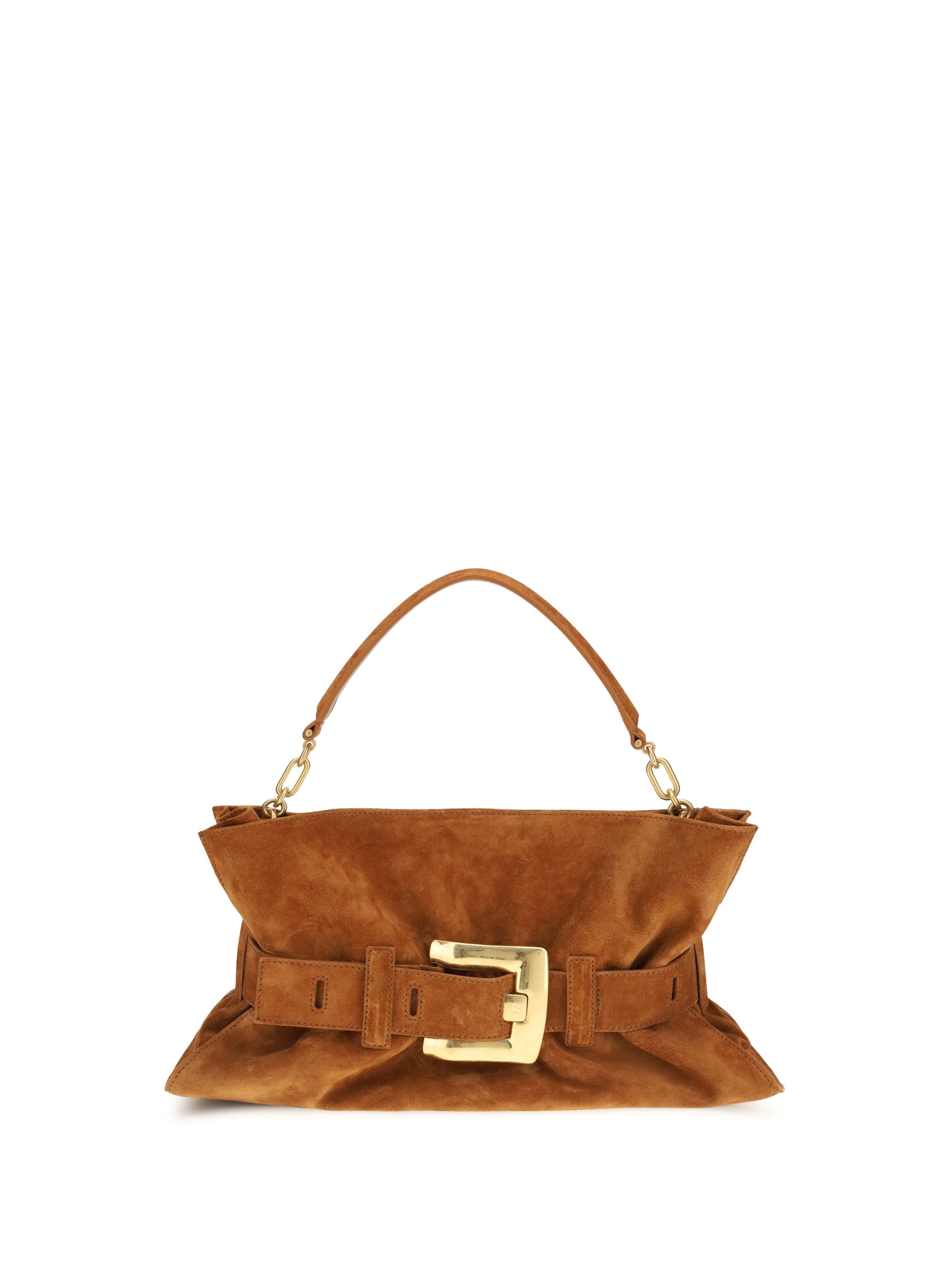 Balmain Suede Calfskin with Buckle Belt Shoulder Bag — Brown