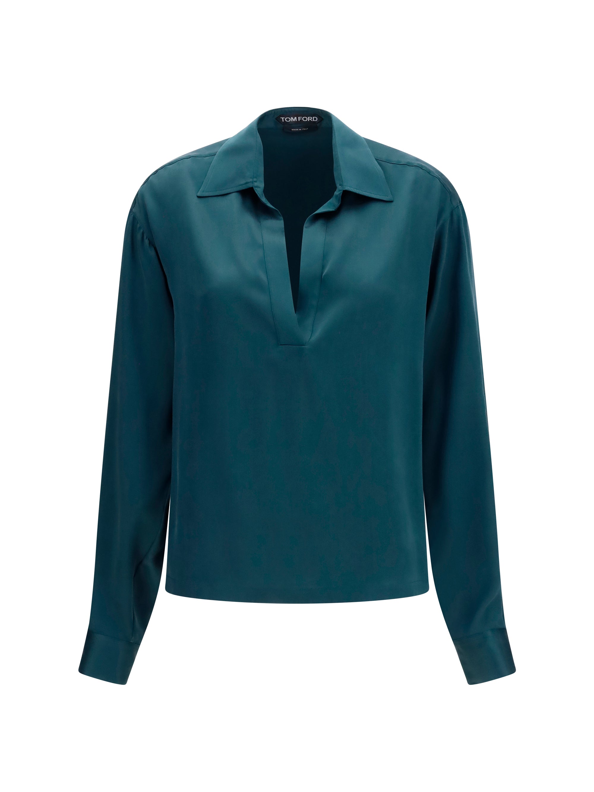 Tom Ford Deep V-Neck Silk Shirt — Teal