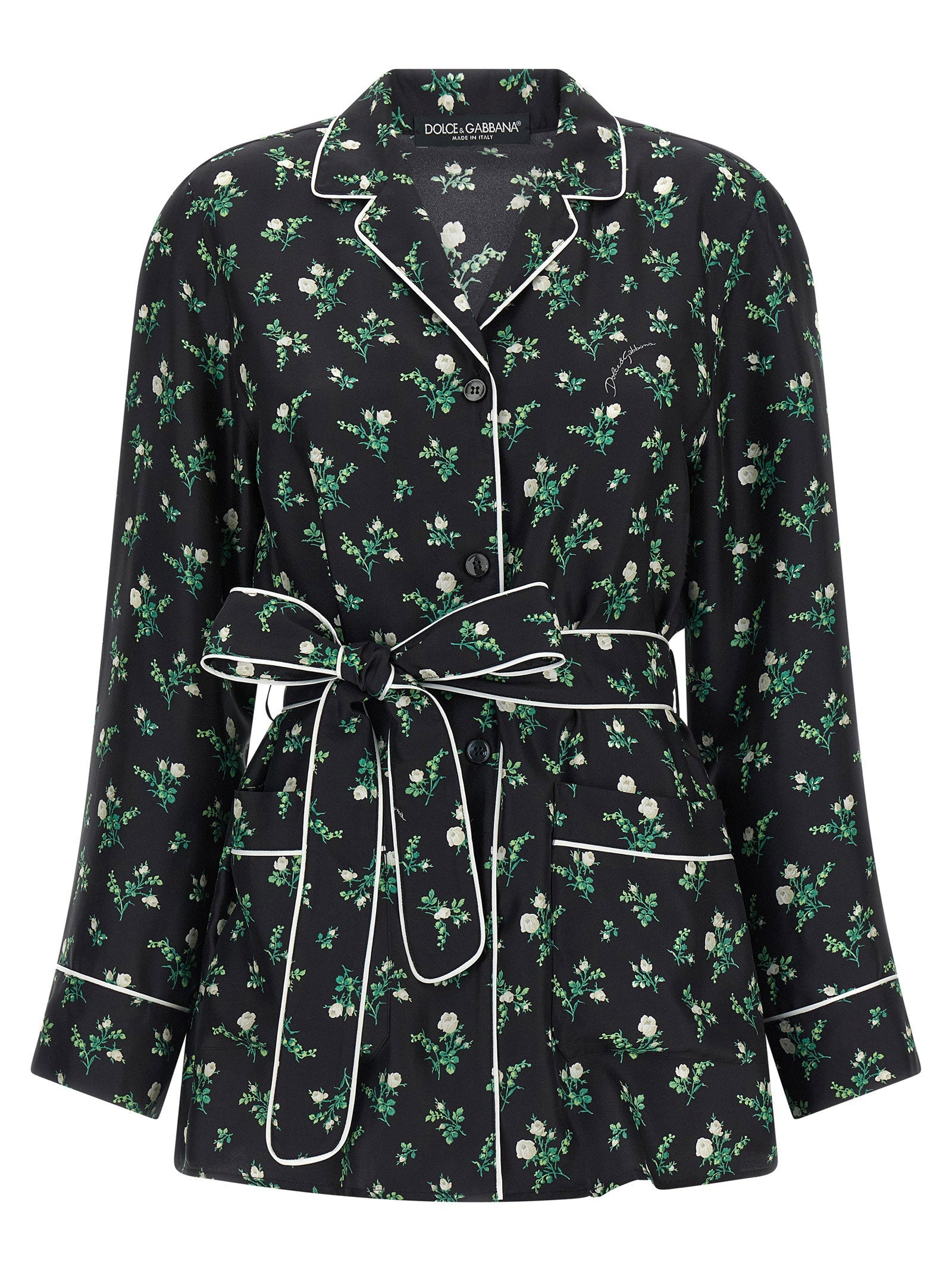 Dolce & Gabbana Floral-Printed Silk Twill Shirt — Black
