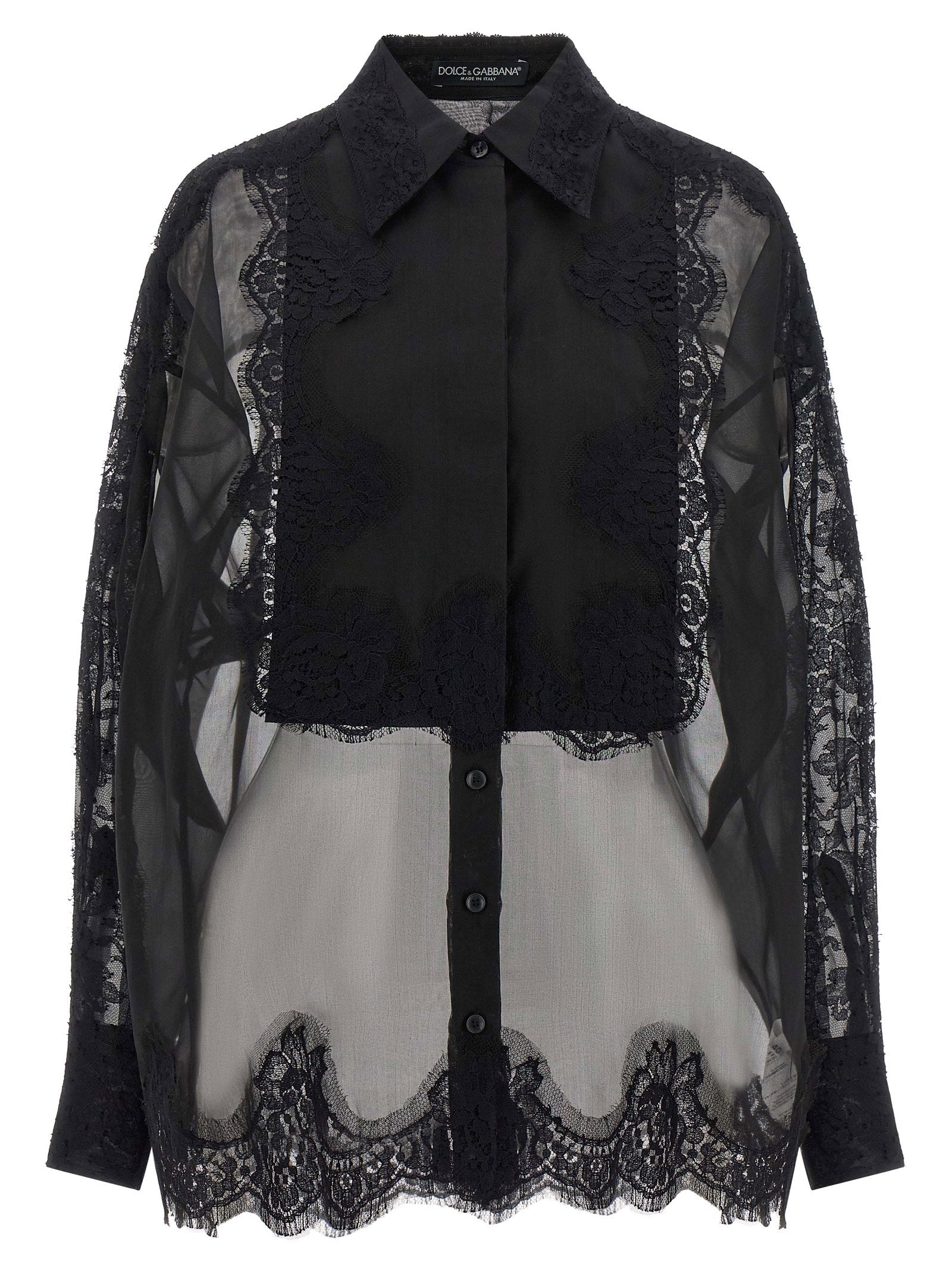 Dolce & Gabbana Lace-Paneled Cashmere Organza Blouse — Black
