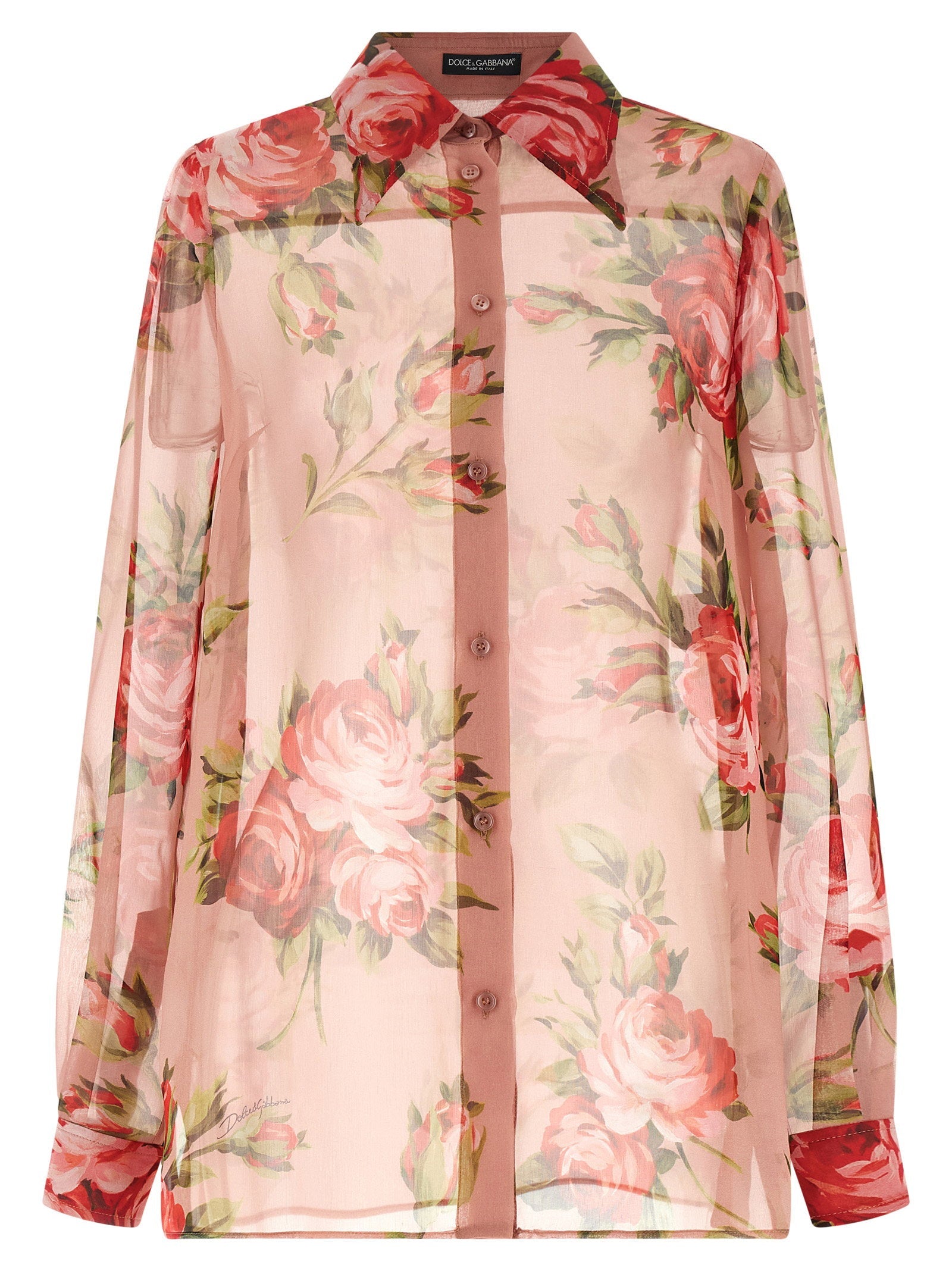 Dolce & Gabbana Bouquet Rose Print Silk Chiffon Shirt — Pink