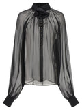 Blusa Dolce & Gabbana de gasa de seda con cuello floral 3D — Negra