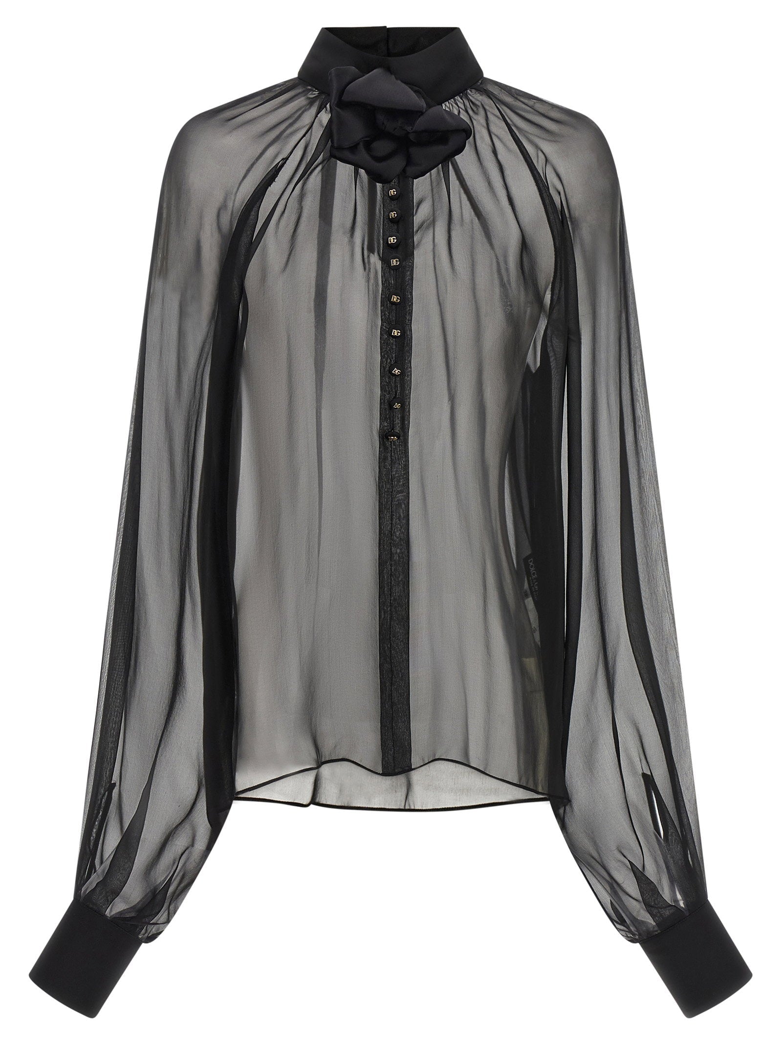 Dolce & Gabbana Silk Chiffon with 3D Floral Collar Blouse — Black