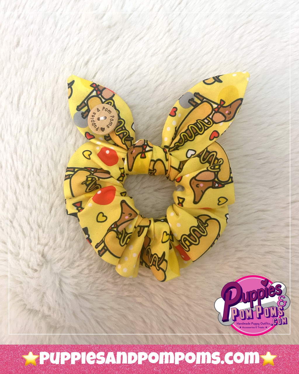 Handmade Scrunchie with Bow - Hot Dog Dachshunds