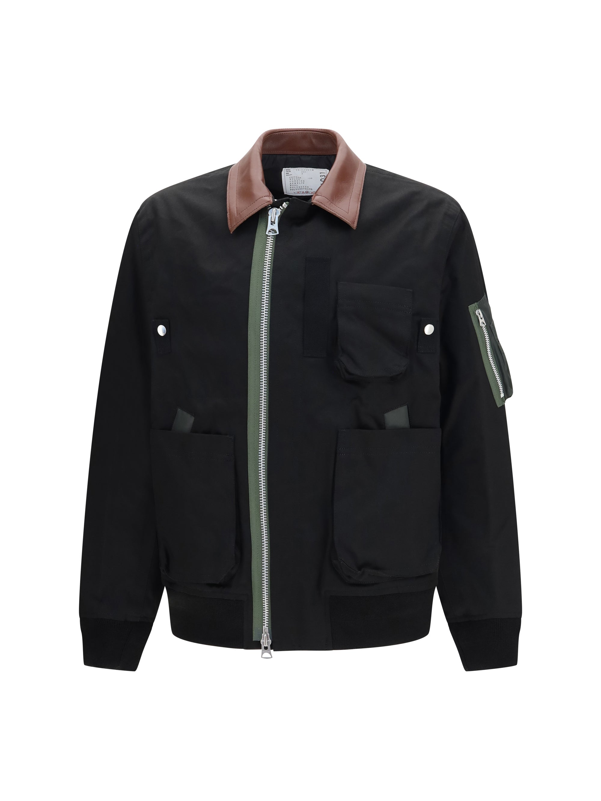 Sacai Cotton Bomber with Leather Collar Jacket — Black