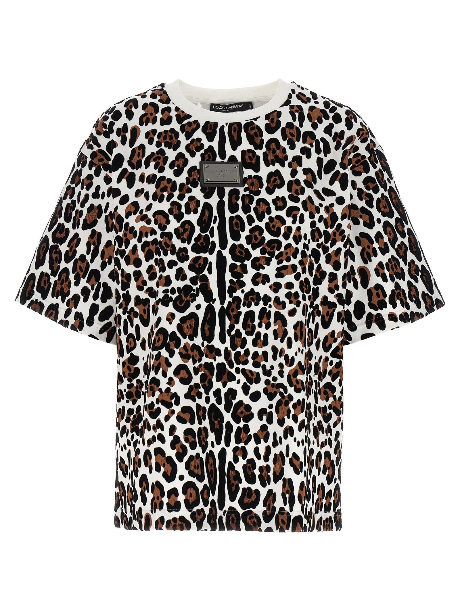 Dolce & Gabbana Leopard Print Logo Plaque T-shirt — Multi