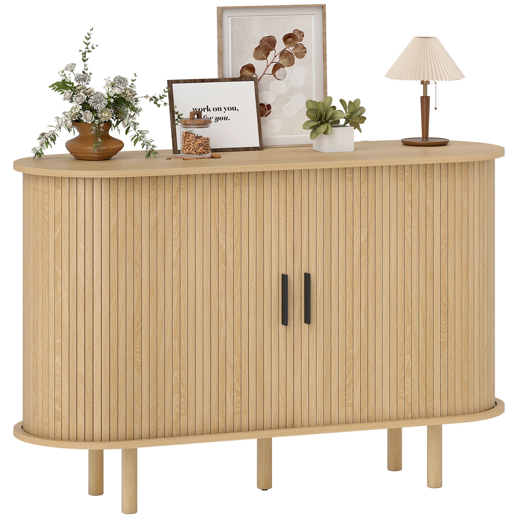 47" Fluted Sideboard Buffet with Tambour Sliding Doors, Storage Shelves, Oak