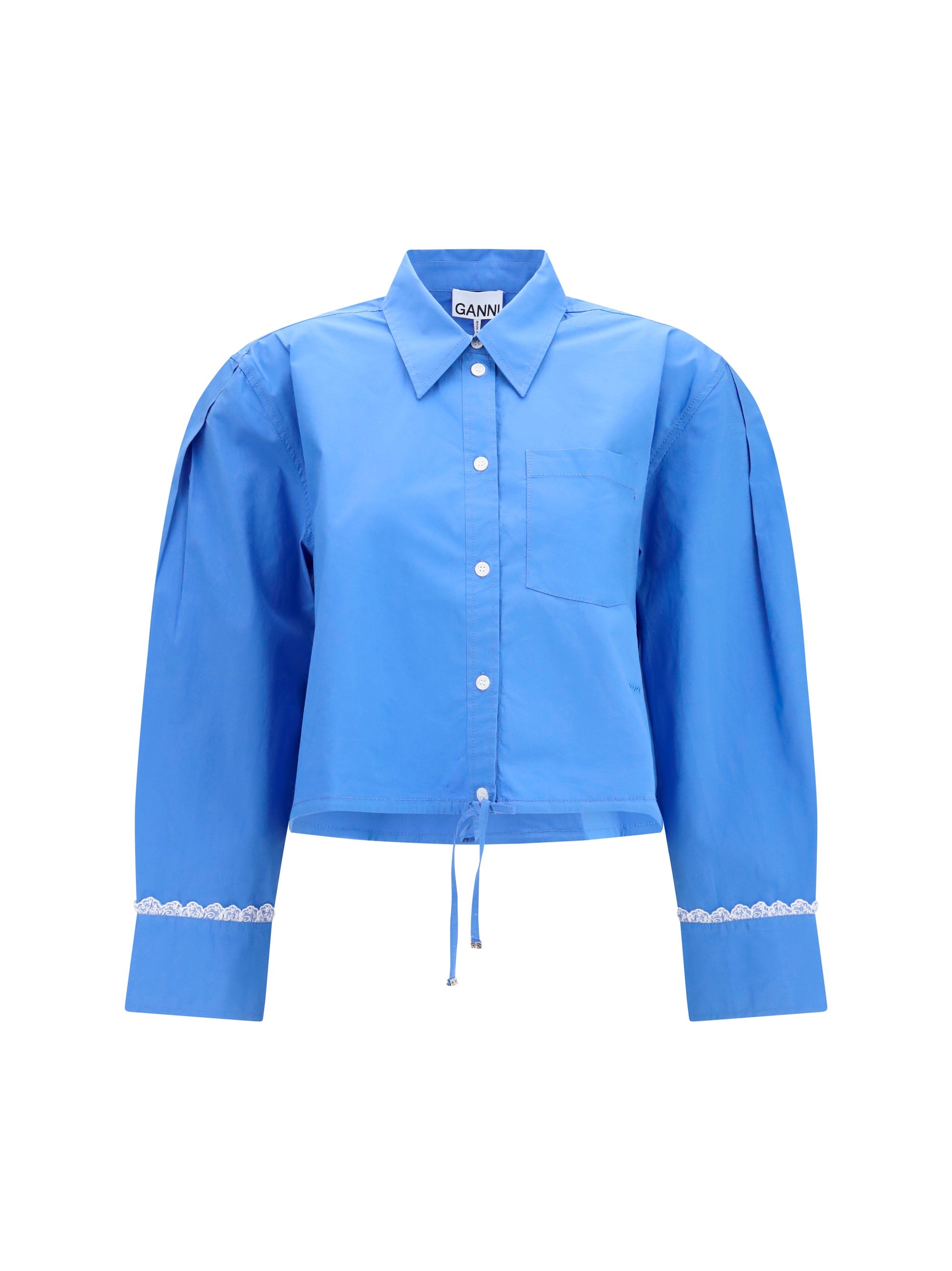 Ganni Lace-Detail Cotton Shirt — Blue