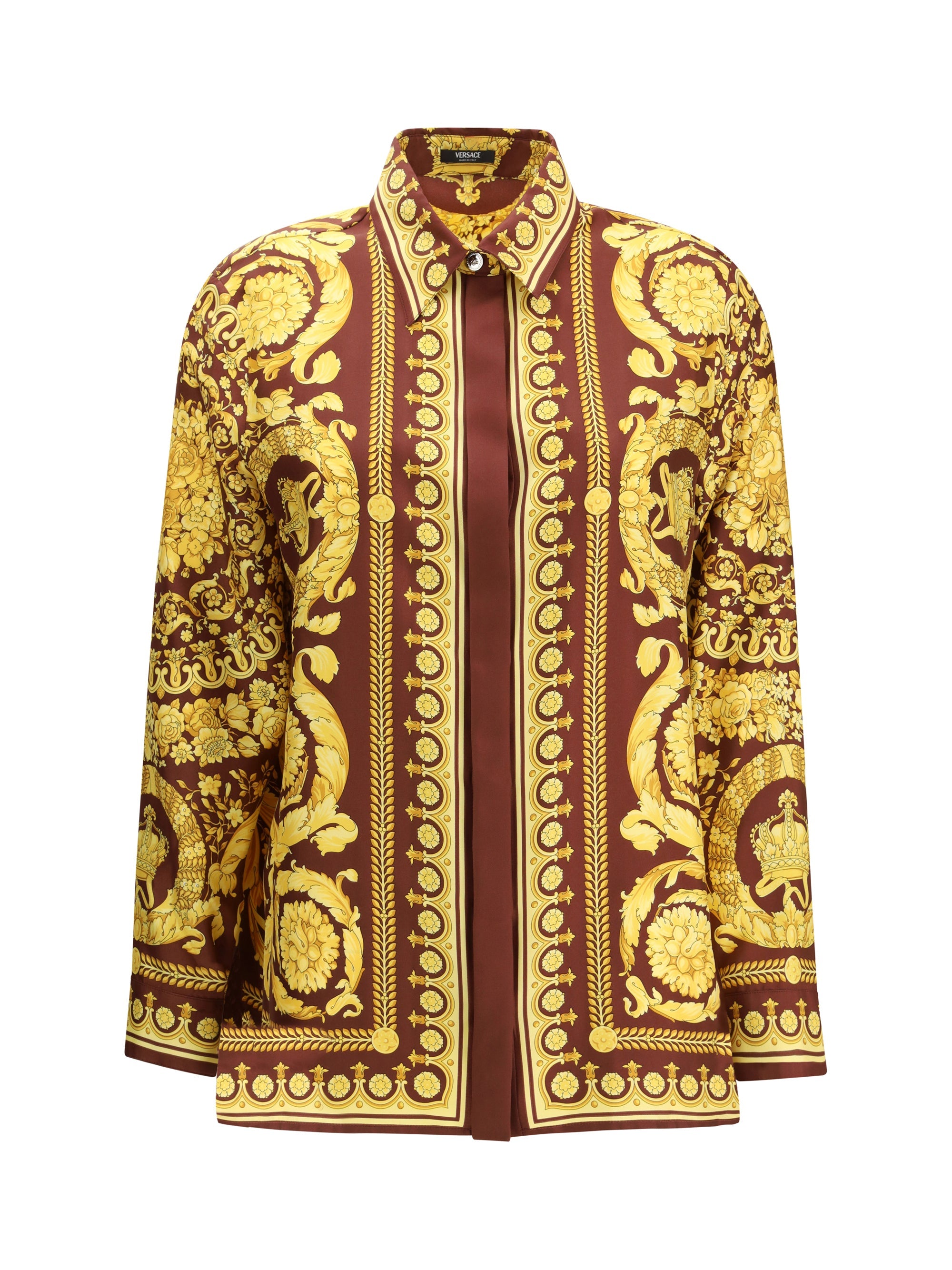 Versace Barocco-Print Silk Shirt — Burgundy