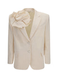 Magda Butrym Removable Floral Appliqué Cotton-Silk Blazer — Cream