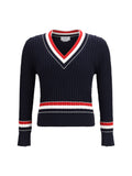 Thom Browne Cable-Knit V-Neck Sweater — Navy