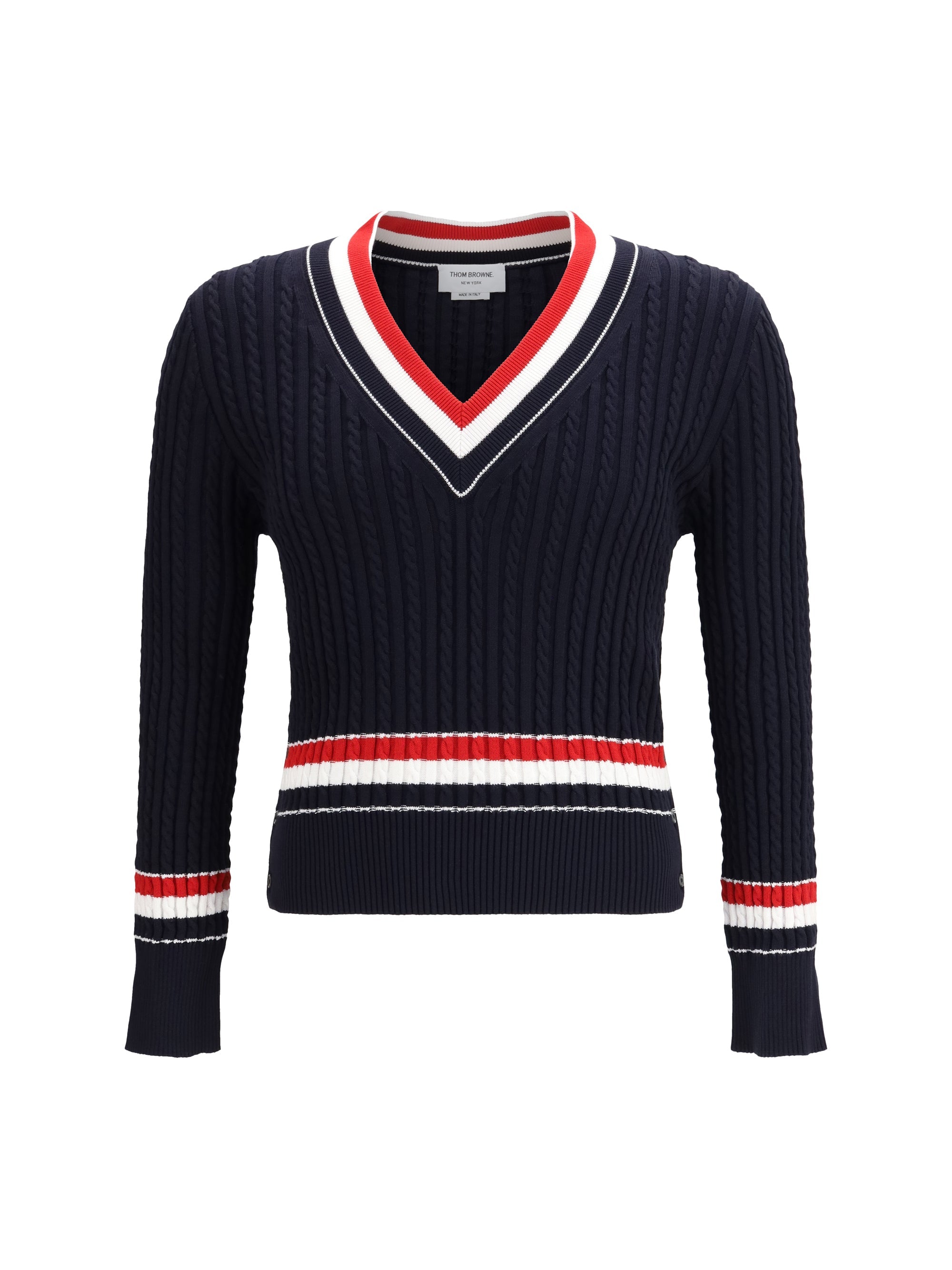 Thom Browne Cable-Knit V-Neck Sweater — Navy