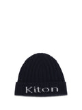 Kiton UCPL003K0235L02 Wool Ribbed with Jacquard Logo Beanie — Navy