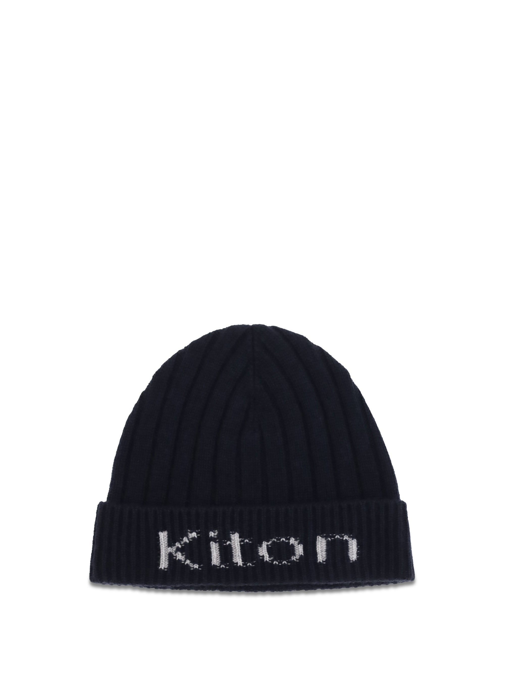Kiton UCPL003K0235L02 Wool Ribbed with Jacquard Logo Beanie — Navy