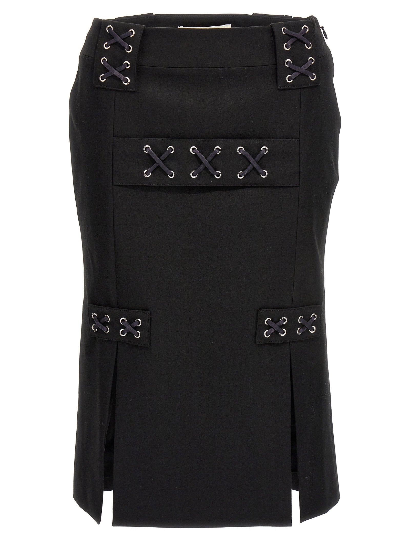 Alessandra Rich Lace-Up Wool Blend Skirt — Black