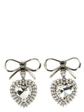 Alessandra Rich Bow-Tied Crystal Heart Earrings — Silver